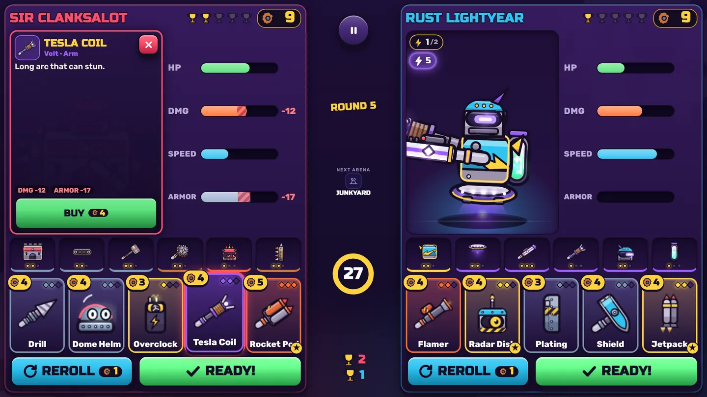 The Clankmates build phase with both players' robots, their stats and the parts shop