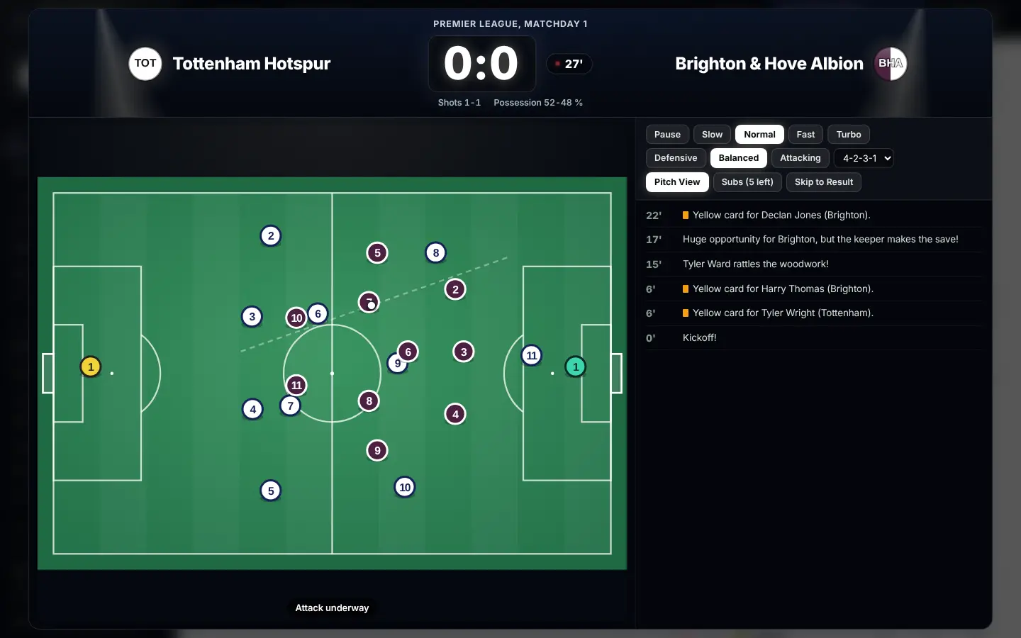 Floodlight Manager — a live match on the 2D pitch