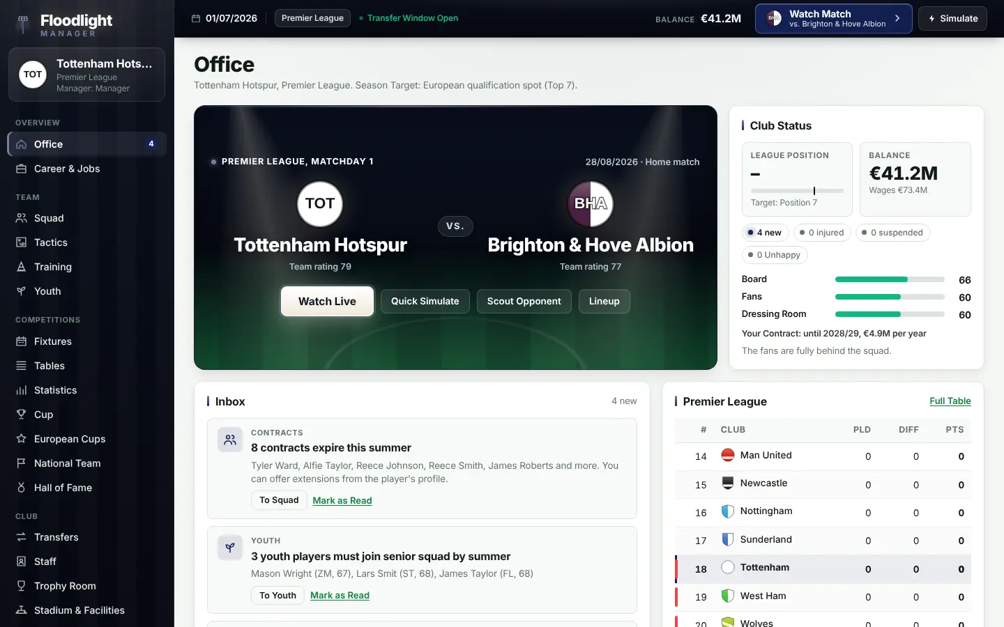 The Floodlight Manager office dashboard with the next match, club status, inbox and league table