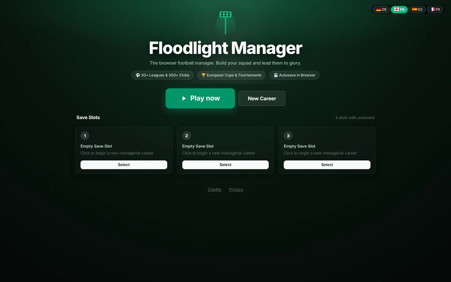 The Floodlight Manager start screen with Play now and New Career buttons and three empty save slots