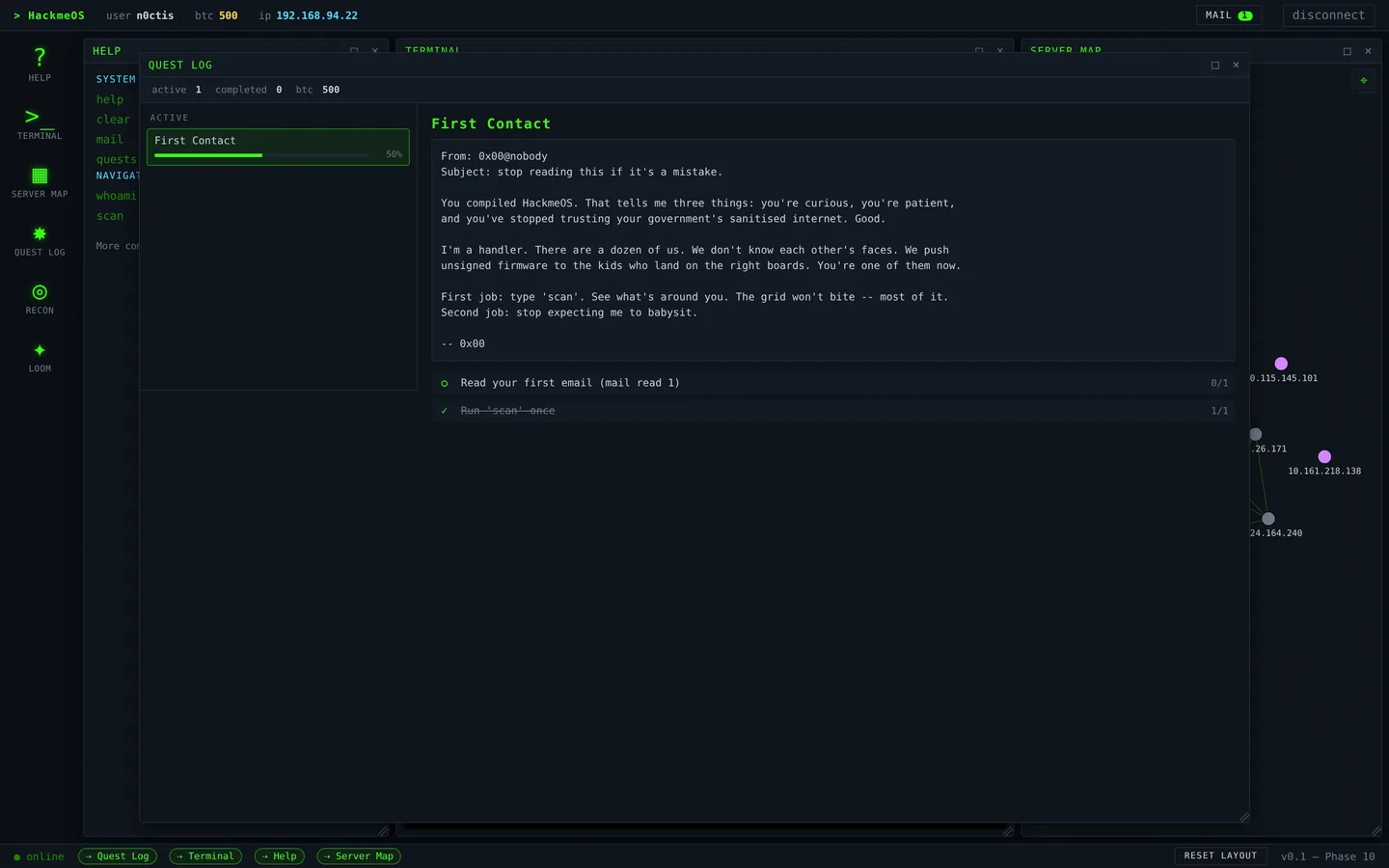 The quest log showing the First Contact story mission