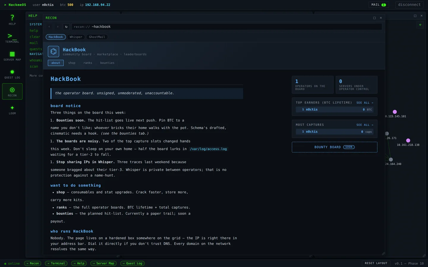 Recon, the in-game browser, showing the HackBook operator board