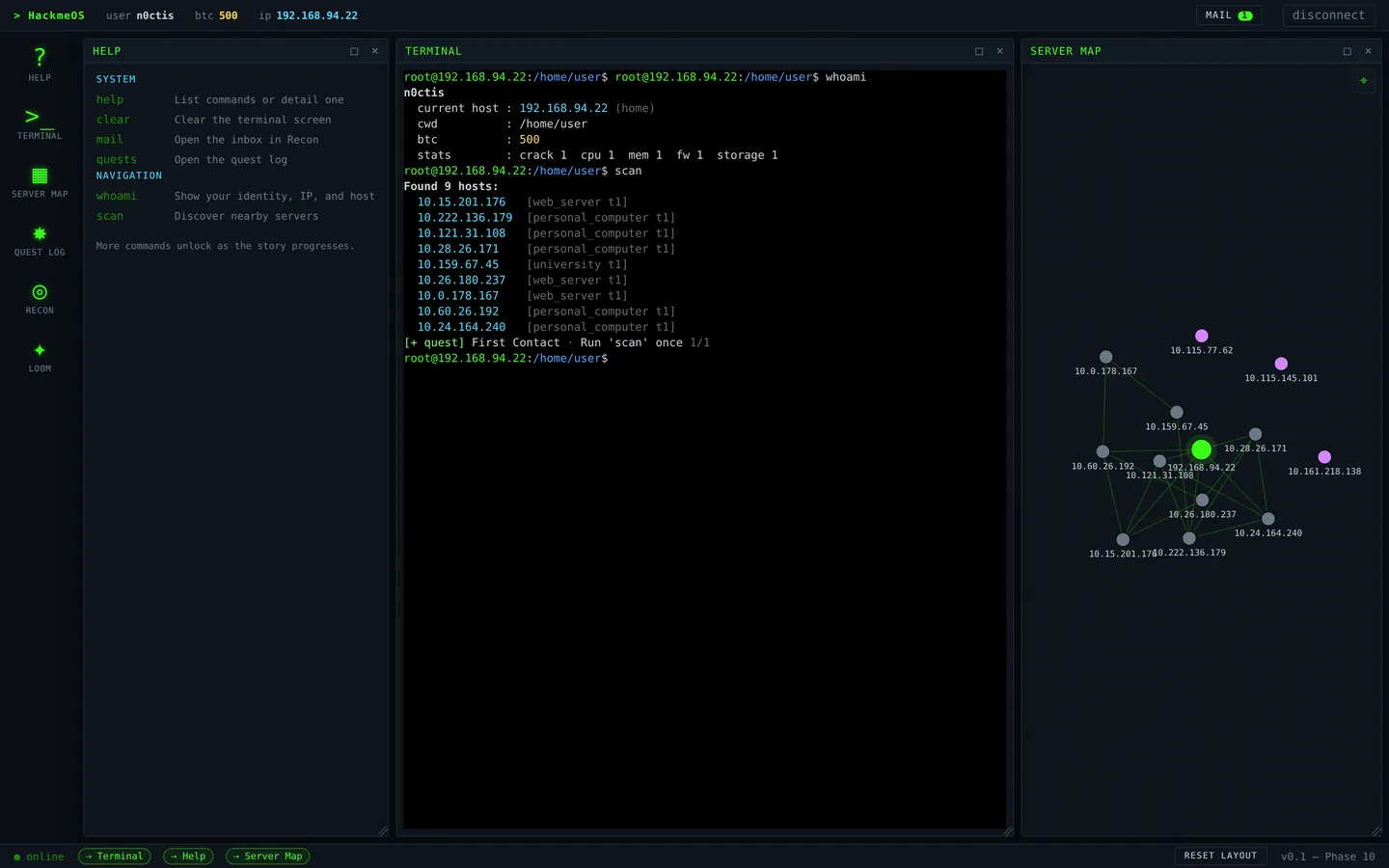 HackmeOS — terminal and server map
