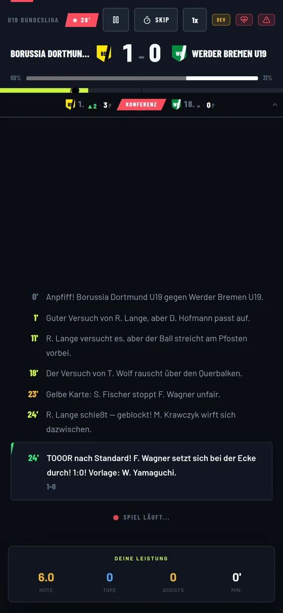 A live match ticker with commentary and a goal