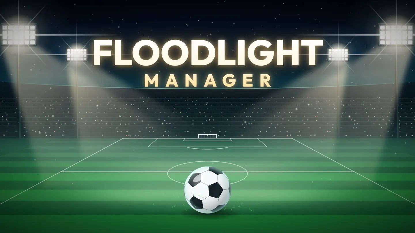 Floodlight Manager: a football under bright stadium floodlights on an empty pitch
