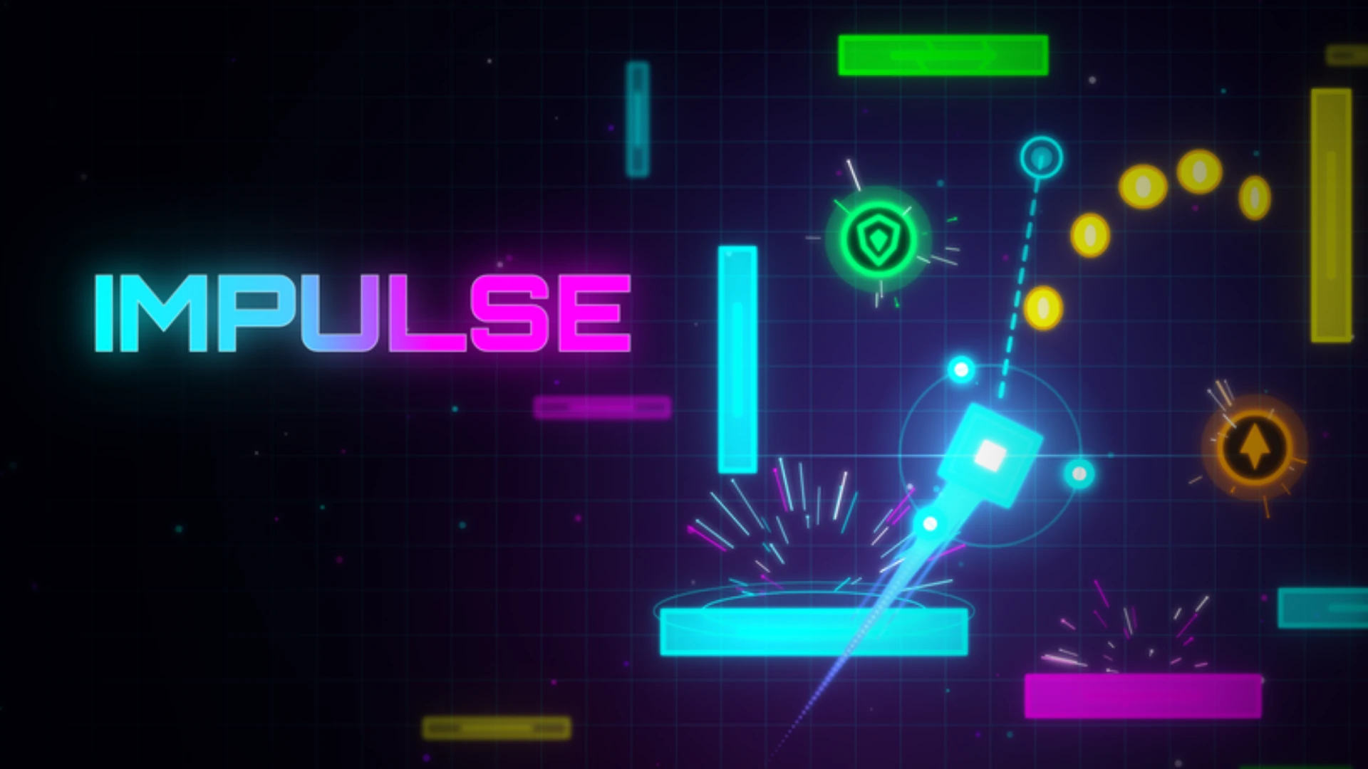 IMPULSE: a glowing neon cube launches off a platform past coins, a shield powerup and a rocket powerup
