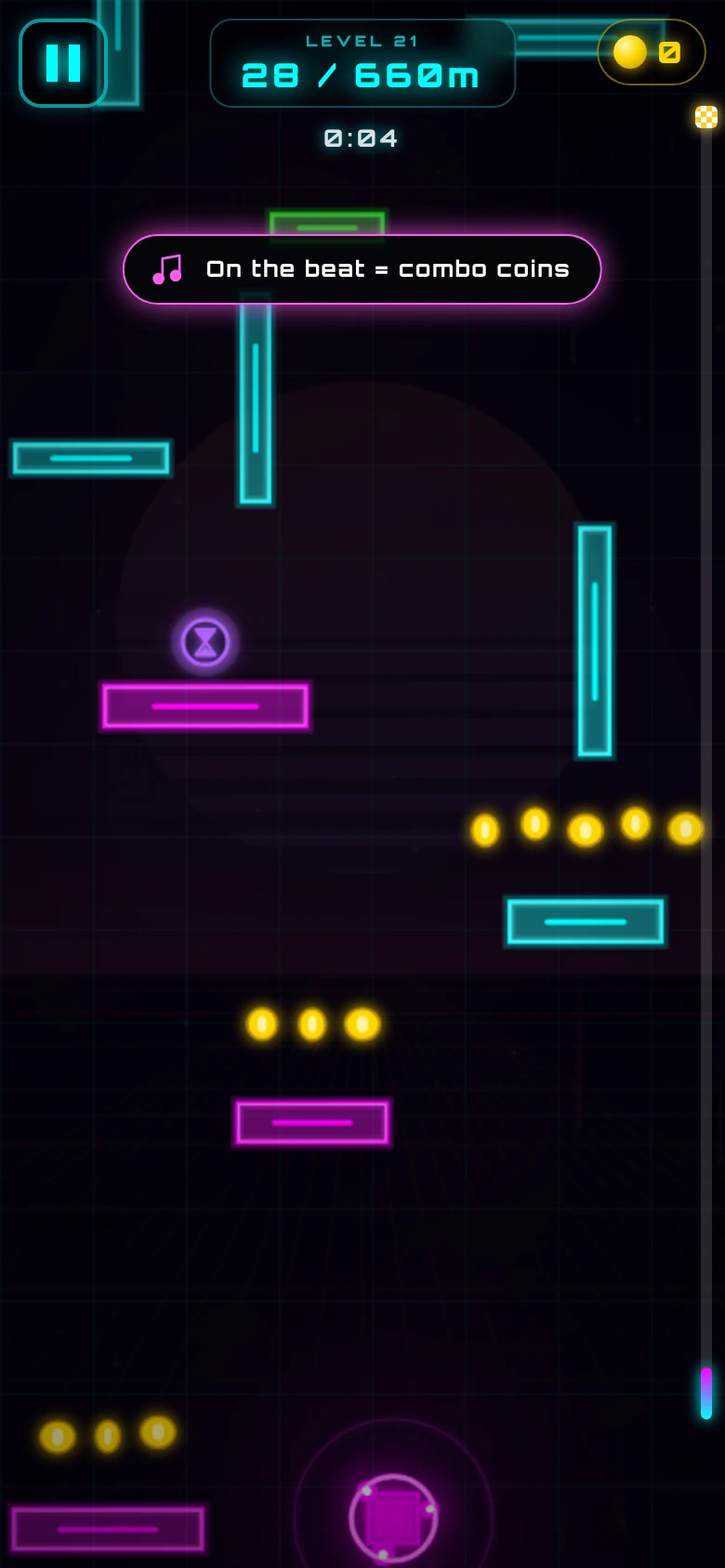 A level with a hint reading On the beat equals combo coins, platforms and a Time Warp powerup