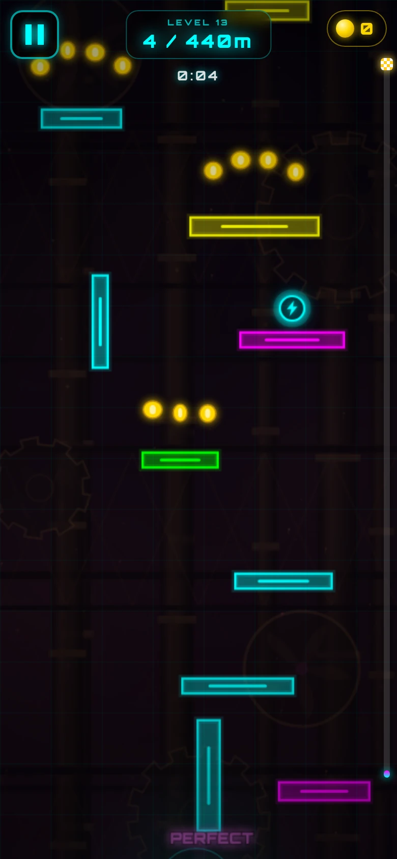 A climbing level with neon platforms, coins, a powerup and a PERFECT jump label