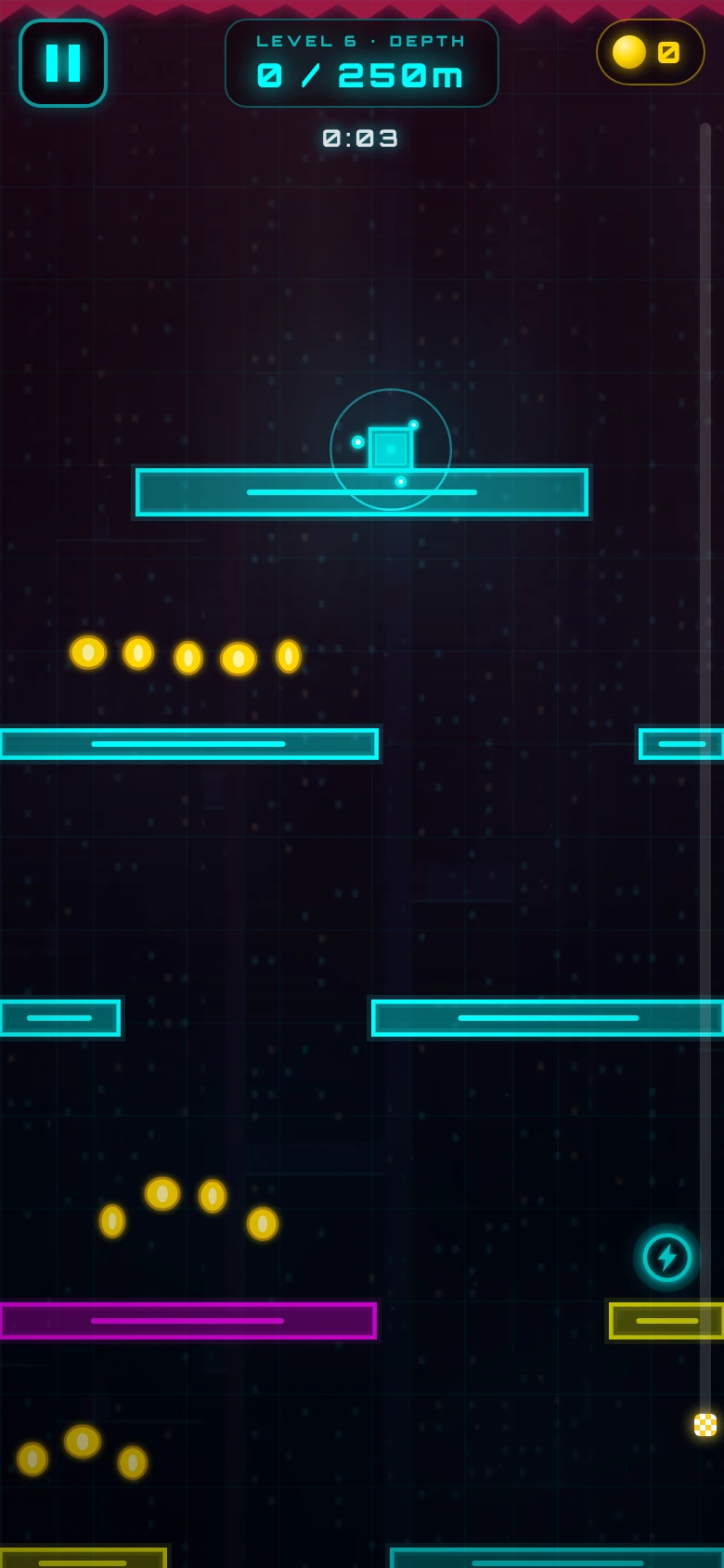 A descent level with a red laser at the top of the screen and a cube standing on a platform