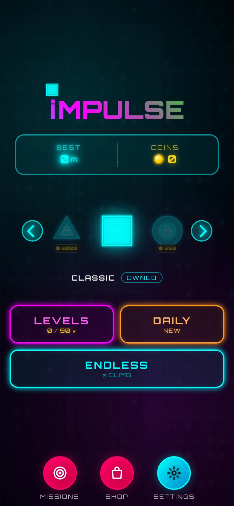 The IMPULSE main menu with Levels, Daily and Endless buttons, skin selector and shop